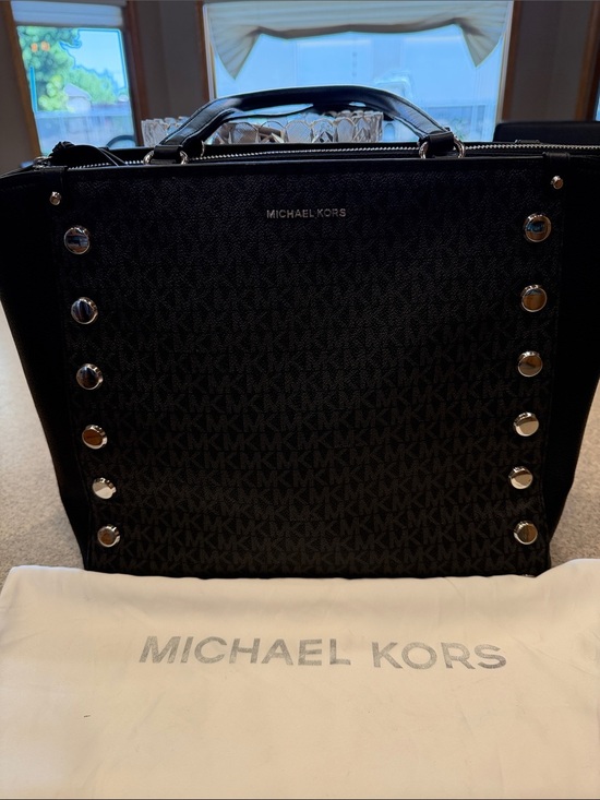 Michael Kors Handbags - Michael Kors Black Tote with Silver Accents and Logo Print